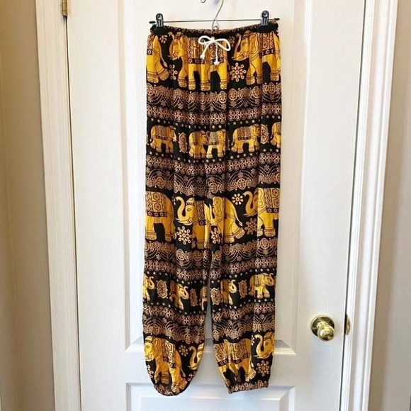 Balloon Leg Flowy Draped Harem Pants Joggers Black Gold Elephant Print Size XS/S - Picture 5 of 16